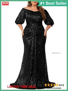 Plus Size Sequin Off Shoulder Lantern Sleeve Formal Evening Gown Party Dress